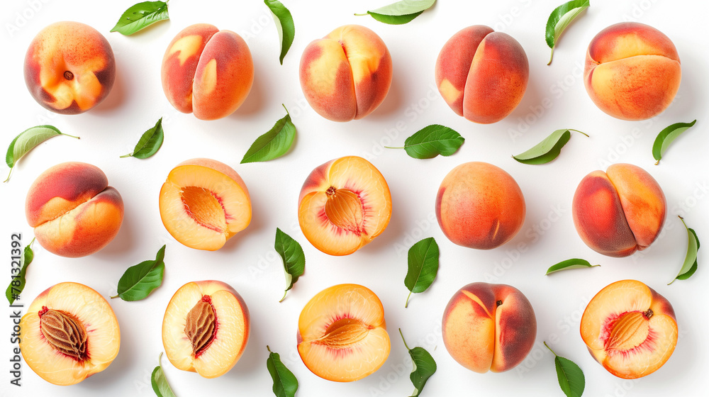 Set of fresh peaches isolated on a white background, top view, capturing the essence of summer with a selection of ripe, succulent peaches that highlight their vibrant orange hue and soft, fuzzy Set of fresh peaches isolated on a white background, top view, capturing the essence of summer with a selection of ripe, succulent peaches that highlight their vibrant orange hue and soft, fuzzy