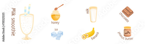 Milk Smoothie Glass with Different Ingredient Recipe Vector Set