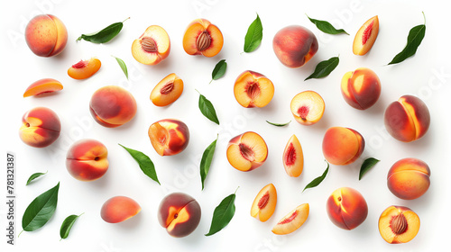 Set of fresh peaches isolated on a white background, top view, capturing the essence of summer with a selection of ripe, succulent peaches that highlight their vibrant orange hue and soft, fuzzy 