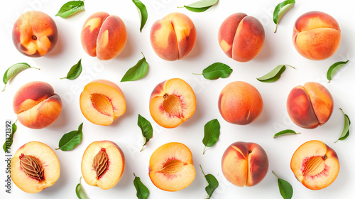Set of fresh peaches isolated on a white background, top view, capturing the essence of summer with a selection of ripe, succulent peaches that highlight their vibrant orange hue and soft, fuzzy 