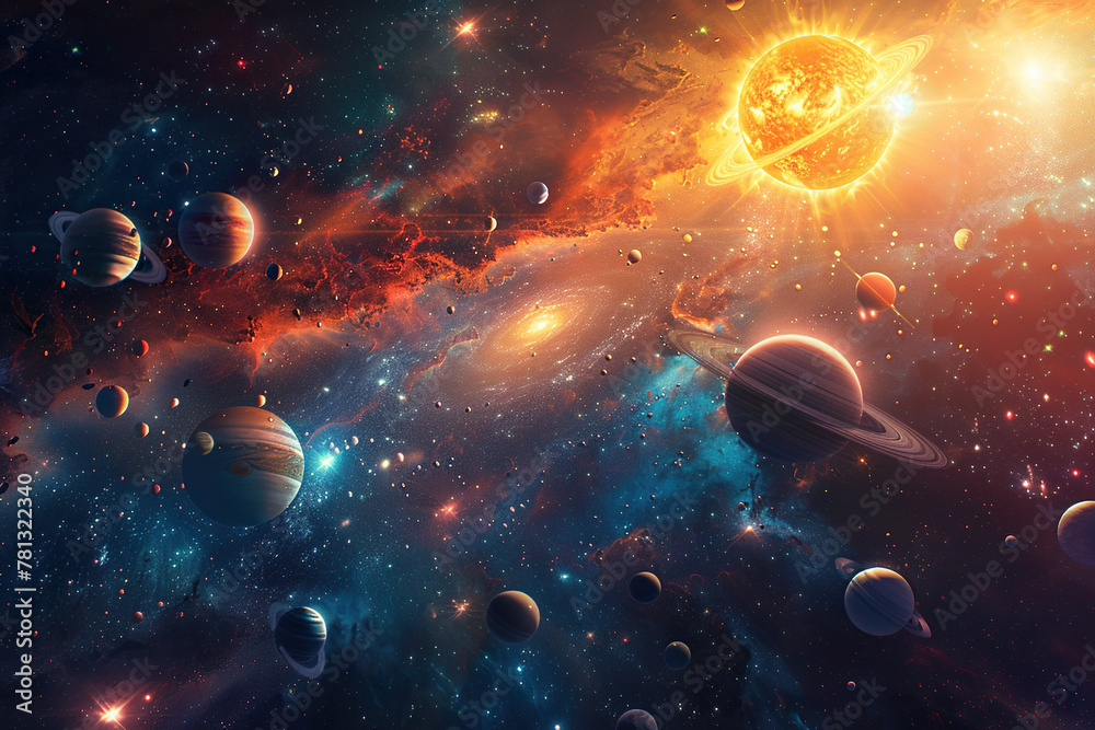 Generative ai on theme of parade of planets in solar system, bright stars glow in atmosphere Generative ai on theme of parade of planets in solar system, bright stars glow in atmosphere