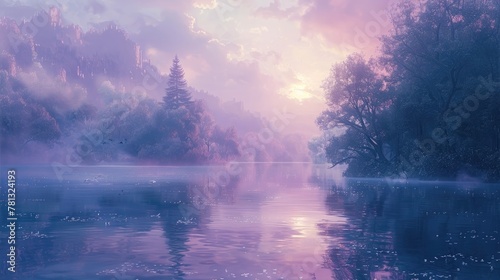 Tranquil Lakeside Landscape Shrouded in Misty Dawn Light Evoking a Serene Journey of Inner Reflection and Calm