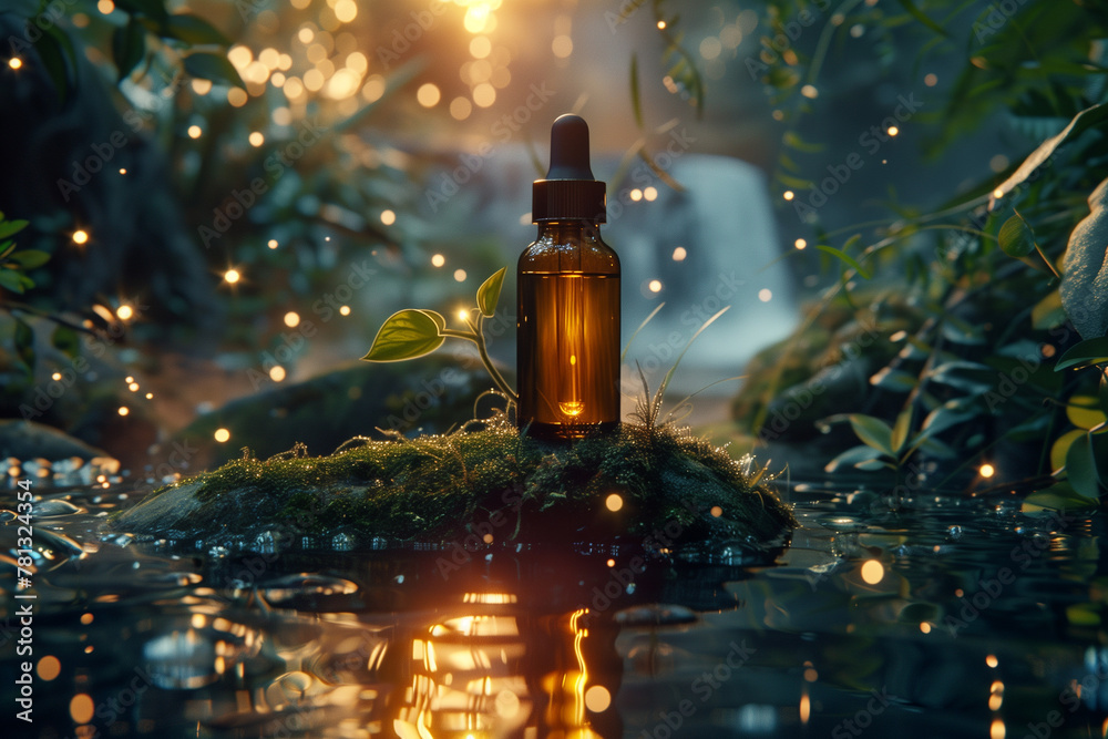 Background for the image of a bottle with serum surrounded by a mystical magical river atmosphere
