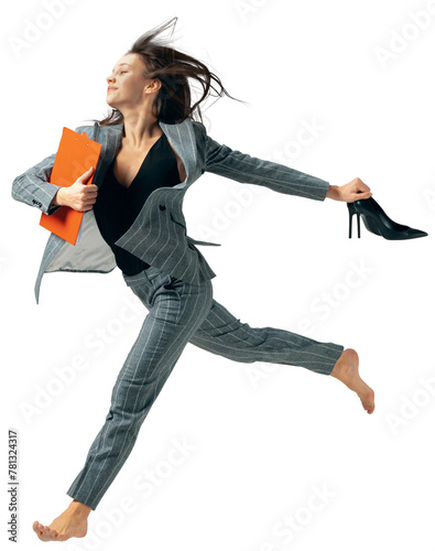 Happy business woman, employee in formal wear running with office supplies barefoot isolated on transparent background. Concept of dance and business, employment, success, career, office