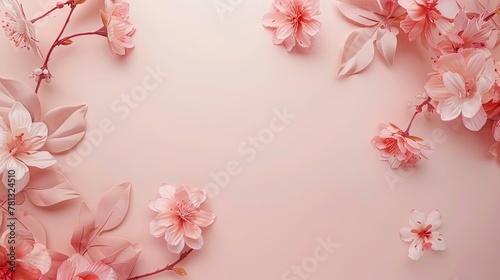 Pink Cherry Blossom Border: A Delicate Floral Frame Banner with flowers on light pink background. Greeting card template for Wedding, mothers or womans day. Springtime composition with copy space. 