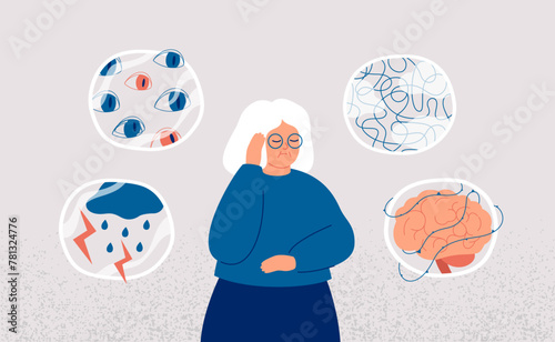 Dementia and Alzheimer's Disease concept. Elderly woman surrounded by symptoms of brain disorder. Mental health of senior people and prevention neurodegeneration illness. Vector illustration