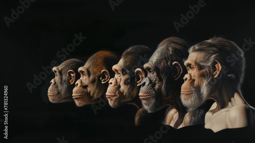 Human evolution. A study of the sequence of biological evolution of Homo sapiens. The face of a monkey, ape, ancient humans, modern humans 