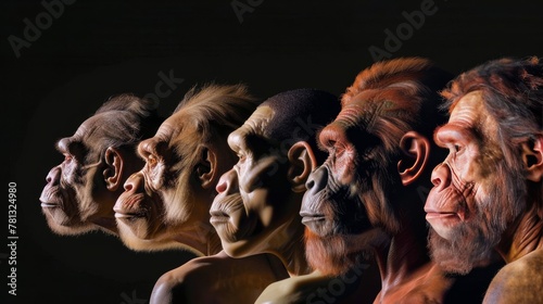 Human evolution. A study of the sequence of biological evolution of Homo sapiens. The face of a monkey, ape, ancient humans, modern humans 
