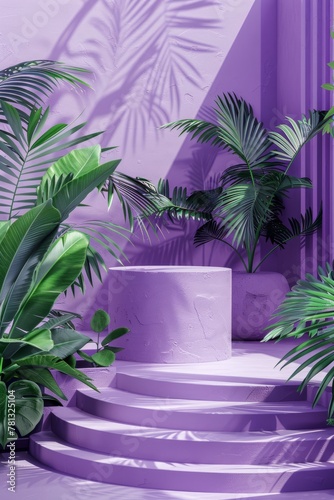 abstract wall background with podium stage in a pastel lilac color and tropical plants. Moch up scene for porduct presentation, cosmetics etc, summer light vacation concept design photo