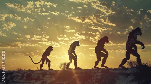 Human evolution. A study of the sequence of biological evolution of Homo sapiens. monkey, ape, ancient humans, modern humansShadows reflecting light when the sun sets.  Silhouette concept photo