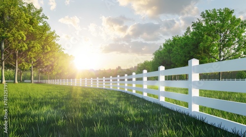 Fenced Grassland under Blue Sky .White fence and green grass garden on spring landscape