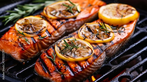Grill with salmon and lemons on it