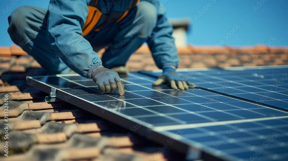 Technician repairing solar panels on the roof Technician repairing solar panels on the roof