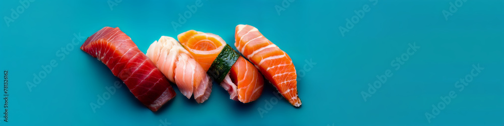 A close-up of pieces of sushi on blue background, Concept for Food Magazine, Japanese Cuisine Promotion, Menu, Poster, Banner A close-up of pieces of sushi on blue background, Concept for Food Magazine, Japanese Cuisine Promotion, Menu, Poster, Banner