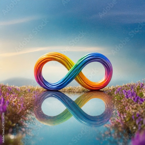 3d render of a symbol made of spheres.A World Autism Awareness Day background featuring a vibrant rainbow-colored infinity symbol set against a soothing blue backdrop. The infinity symbol, representin photo