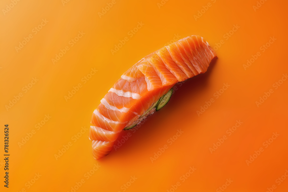 A close-up of sushi with salmon on orange background., Concept for Food Magazine, Japanese Cuisine Promotion, Menu, Poster, Banner A close-up of sushi with salmon on orange background., Concept for Food Magazine, Japanese Cuisine Promotion, Menu, Poster, Banner