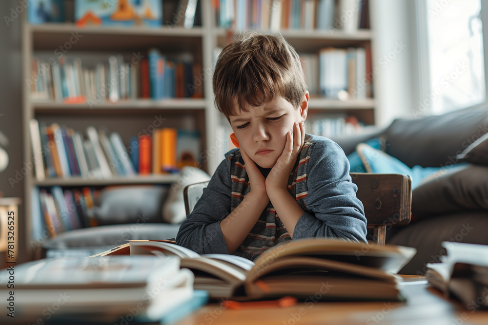 Close-Up of Overwhelmed Studying Boy. Young boy with head in hands studying at a desk, overwhelmed by books. Close-Up of Overwhelmed Studying Boy. Young boy with head in hands studying at a desk, overwhelmed by books.
