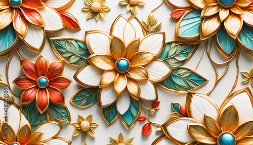 Hintergrund und Vorlage floraler Muster gleichmäßiger Struktur aus Blättern und Blüten glänzend wie buntes Bleiglas Glas mit Gold Einfasung 3D Ornament zur Gestaltung frischer Frühling Sommer Grüße