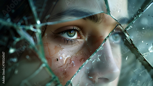 A close-up of a tearful teen's face seen through shattered glass, symbolizing the raw emotion of a breakup. photo