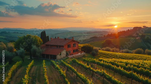 Golden sunset over lush vineyards in a serene rural landscape.