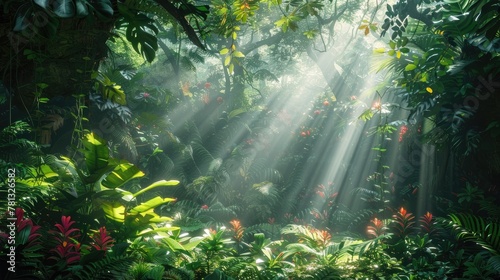 Sunlit Rainforest Canopy Bathed in Dappled Light and Vibrant Foliage Evoking a Sense of Enchantment and Wonder for the Weary Traveler