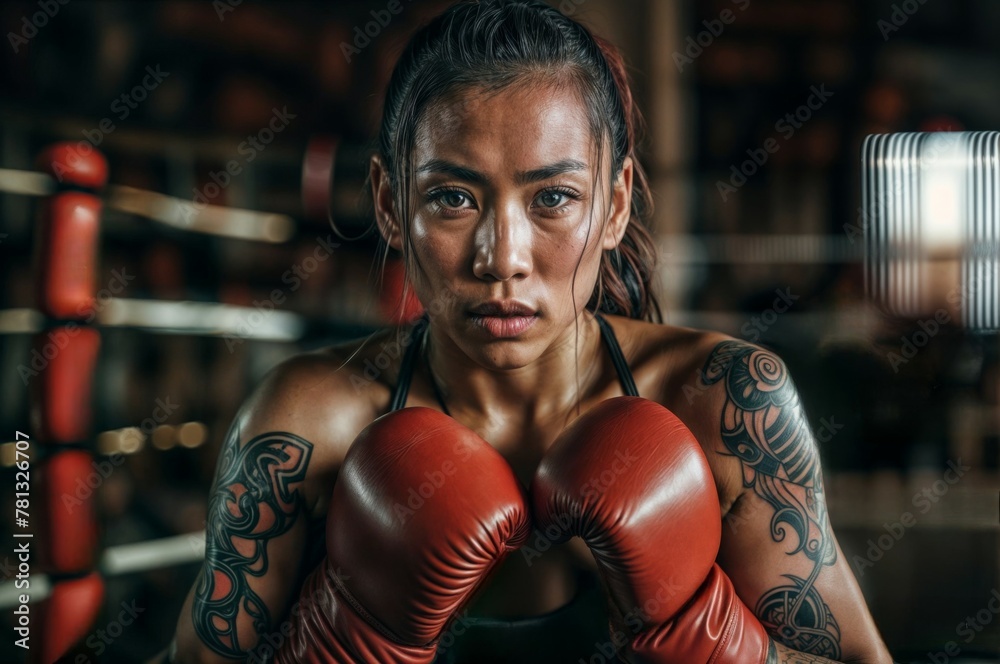 Muay Thai female fighter with athletic build and boxing gloves shows determination and strength in combat sport gym