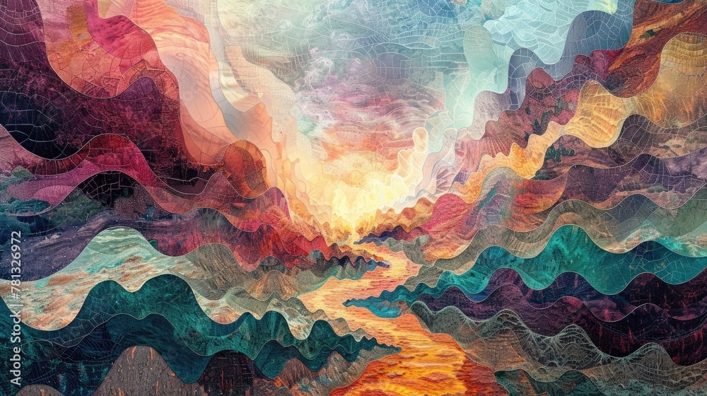 Captivating Mosaic of Surreal Dreamscapes Inviting Adventurous through Vibrant Colors and Intricate Patterns