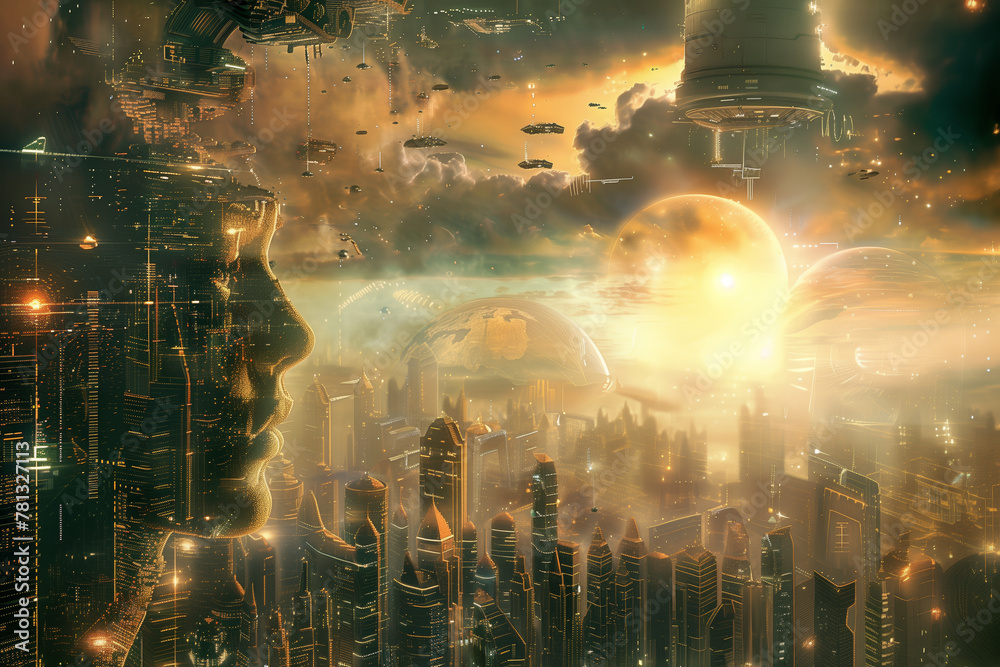 Vision of a futuristic cityscape with soaring architecture and hovering vehicles at sunset Vision of a futuristic cityscape with soaring architecture and hovering vehicles at sunset