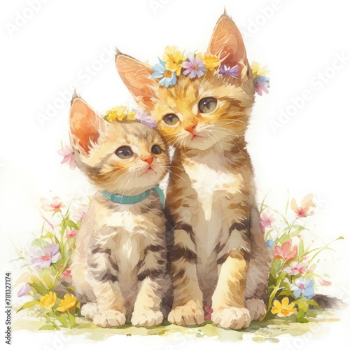 Abyssinian mother cat and kitten showing affection love standing together watercolor clipart