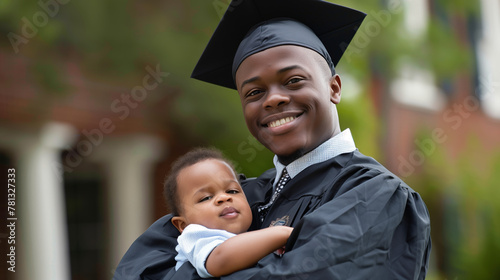 Beaming graduate holding a baby, both sharing a joyous moment