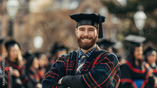 happy inspired Scotsman bearded graduate in tartan sash and black cap, feeling proud