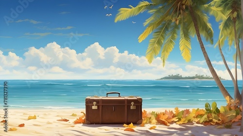 On a beach with a sunlit sea and leaves from palm trees, a suitcase