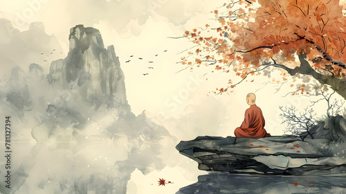 Peaceful Chinese landscape with a monk meditating amidst nature


 photo
