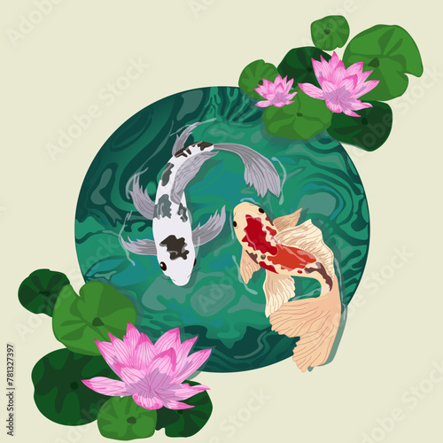Yin and yang fish swim in a pond with pink water lilies 