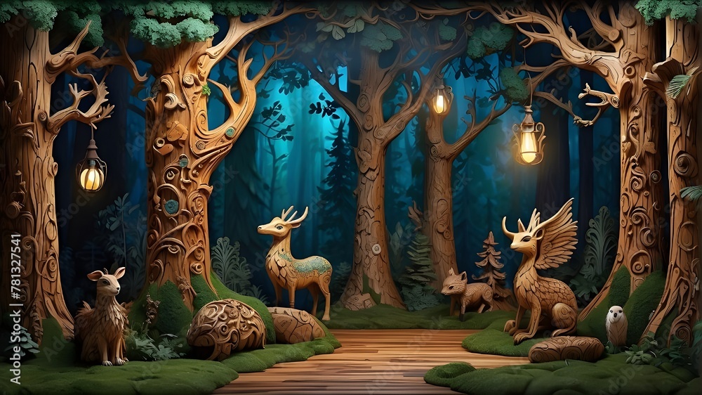 Enchanted Forest, Folklore, Whimsical, Tall Pines, and Mythical Creatures carved in wood.ideal for backdrops and poster prints - obrazy, fototapety, plakaty 