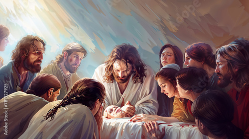A painting of Jesus Christ healing a sick woman with a group of people around Him photo