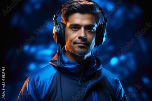 A customer service AI developer wearing headphones, fine-tuning conversational models, positioned against a sleek midnight blue background.
