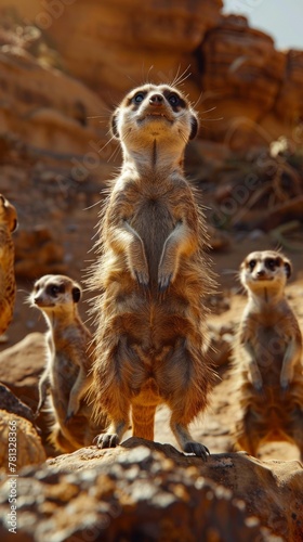 On a sun-soaked desert, a troupe of meerkats attempts to put on a Shakespearean play. Fairy tale animal vertical illustration. 