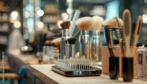 Different hairdressing tools on table in beauty salon