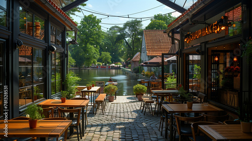 "Riverside Dining at Paupys Market" "A serene riverside dining setting at Paupys Market, Vilnius, with open-air seating and a view of lush greenery and calm waters."