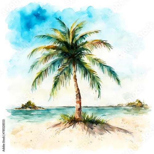 palm tree on the island, summer vacation by the water, ocean, sea. illustration. artificial intelligence generator, AI, neural network image. background for the design.