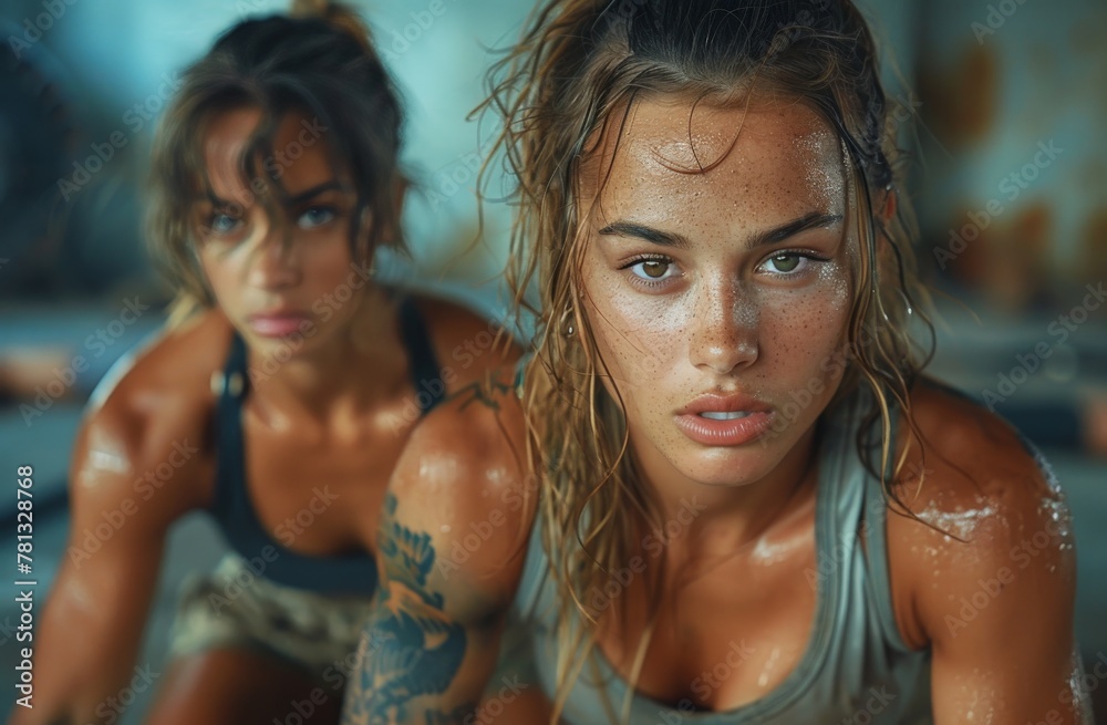 Two determined women working out intensely with a focus on fitness Two determined women working out intensely with a focus on fitness