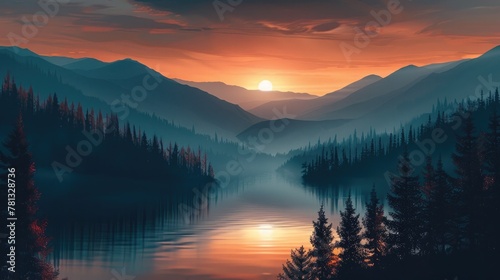 Serene Twilight Landscape with Silhouetted Mountains and Warm Glow