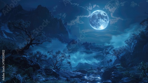 Mystical Moonlit Landscape A Serene Nocturnal Scene of Otherworldly Enchantment