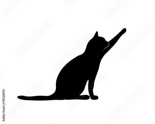 The silhouette of a cat stretching its paw forward and wanting to touch something.
