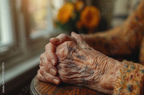 Intimate close-up capturing the entwined hands of an elderly person, symbolizing a lifetime of experiences and the stories told through their wrinkles