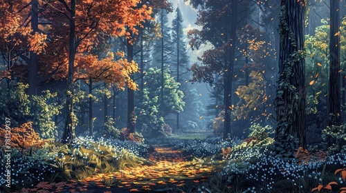 Tranquil Autumnal Forest with Whispering Wonders of Nature Inviting Weary Travelers to Pause and Listen photo