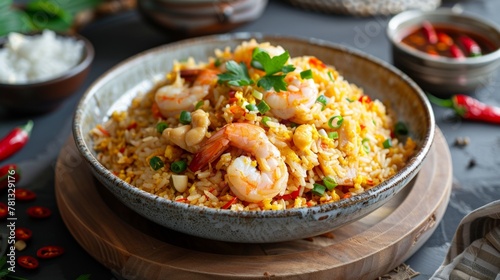 Bowl of rice, shrimp, and vegetables on table