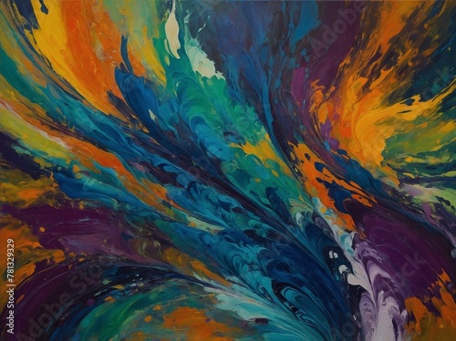 Vibrant explosion of colors dominates canvas, where swirls of paint create dynamic, fluid motion that captivates viewer. Bold strokes of yellow, orange, red clash, meld with cool tones of blue.