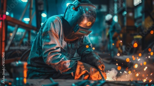 Man welding metal in protective gear photo